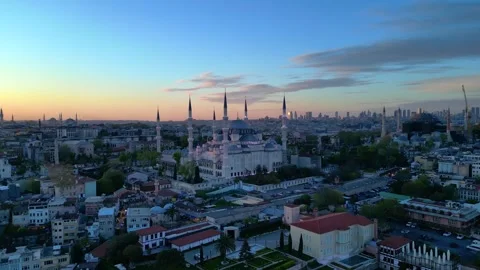 Islamic Blue Mosque and Bosphorus strait at sunset. Nice aerial view drone Stock-Footage 344625023