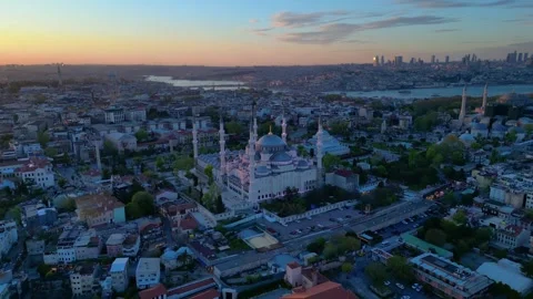 Islamic Blue Mosque and Bosphorus strait at sunset. Magic aerial view drone Stock-Footage 344625219