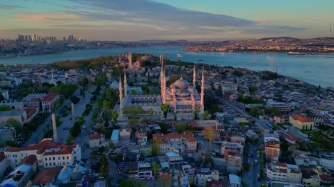 Islamic Blue Mosque and Bosphorus strait at sunset. Perfect aerial view drone Stock-Footage 344625386