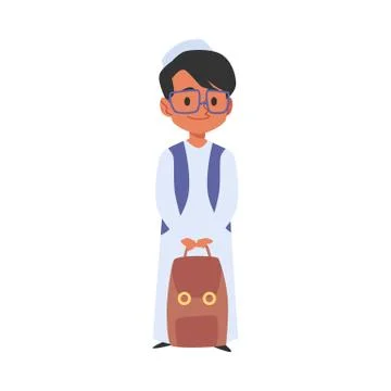 Islamic boy with backpack goes to school flat vector illustration isolated. Stock Illustration
