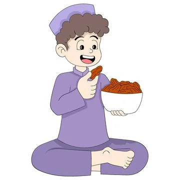Islamic boy is sitting breaking his fast eating dates Stock Illustration