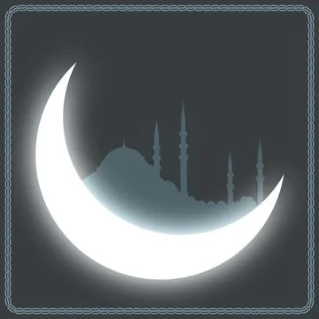 Islamic concept vector. Crescent moon and silhouette of a mosque. Stock Illustration