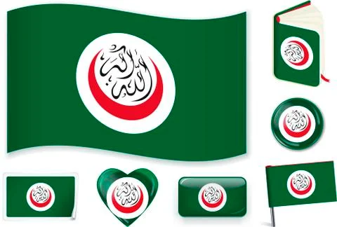 Islamic Conference flag wave, book, circle, pin, button, heart and sticker. Stock Illustration