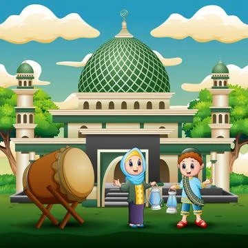 Islamic couple holding lantern for Eid Mubarak celebrations Ilustração Stock