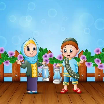 Islamic couple holding lantern for Eid Mubarak celebration Stock Illustration