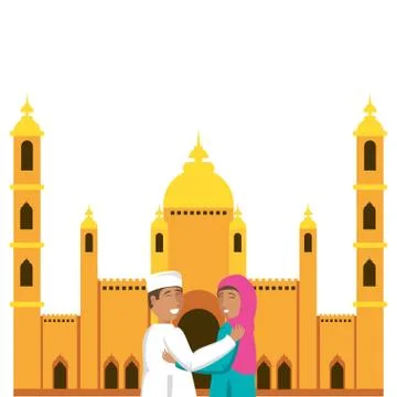 Islamic couple lovers with mosque building Ilustración de archivo