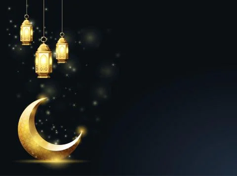Islamic crescent and hanging down lanterns, Ramadan Kareem greeting card 스톡 일러스트