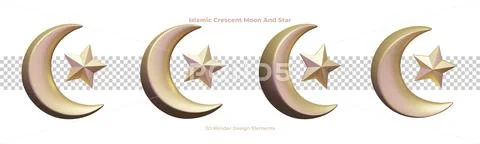 Islamic Crescent Moon And Star 3D Design Elements PSD Template