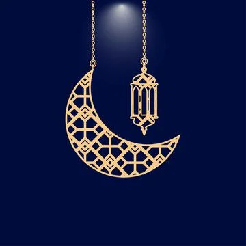 Islamic Crescent Moon with Hanging Lantern ornament Stock Illustration