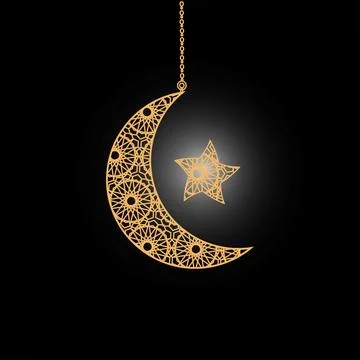 Islamic Crescent Moon with Hanging Lantern ornament Stock Illustration