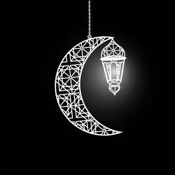 Islamic Crescent Moon with Hanging Lantern ornament Stock Illustration