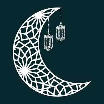 Islamic Crescent Moon with Hanging Lantern ornament Stock Illustration