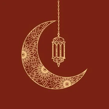 Islamic Crescent Moon with Hanging Lantern ornament Stock Illustration
