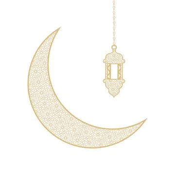 Islamic Crescent Moon with Hanging Lantern ornament Stock Illustration