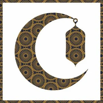 Islamic Crescent Moon with Hanging Lantern ornament Stock Illustration