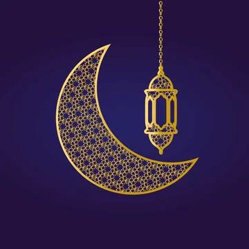 Islamic Crescent Moon with Hanging Lantern ornament Stock Illustration