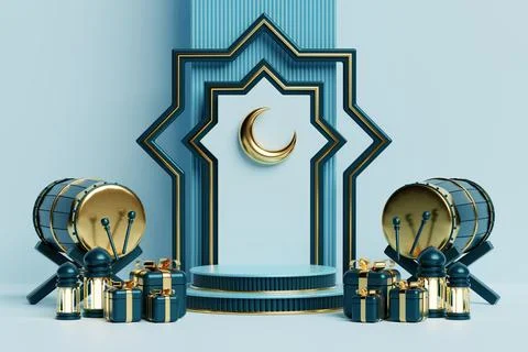 Islamic decoration background with lantern and crescent moon luxury style, .. Stock Illustration