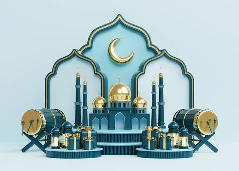 Islamic decoration background with lantern and crescent moon luxury style, .. Stock Illustration