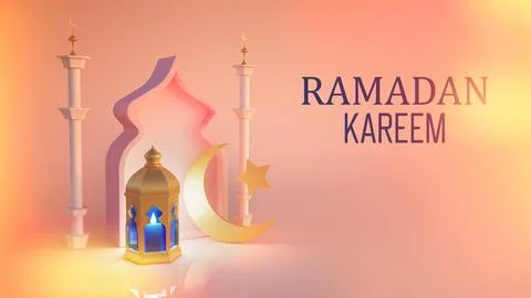 Islamic decoration background for Ramadan with lantern and mosque 3D rendering Stock Illustration