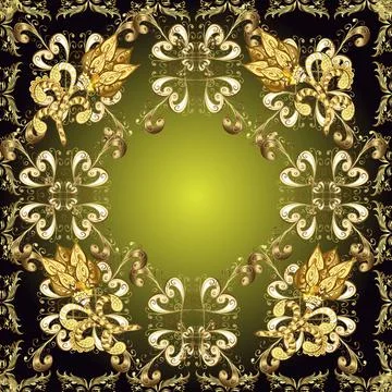 Islamic design. Vector golden textile print. Floral tiles. Golden pattern on gre Stock Illustration