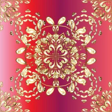 Islamic design. Vector golden textile print. Golden pattern on red, purple and p Illustrazione stock