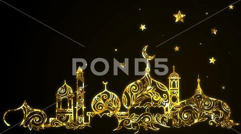Islamic Eid Mubarak Ramadan Kareem with gold mosque, crescent moon, stars Stock Photos