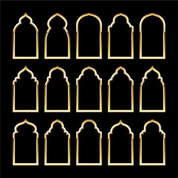 Islamic frames, oriental style. Golden arabic shapes, windows and arches Stock Illustration