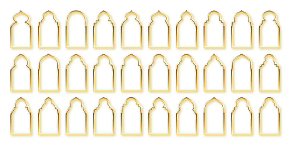 Islamic frames, oriental style. Golden arabic shapes, windows and arches Stock Illustration