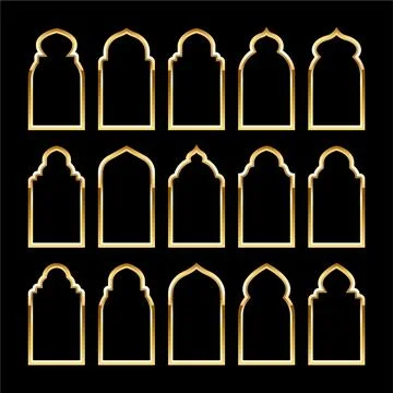 Islamic frames, oriental style. Golden arabic shapes, windows and arches Stock Illustration