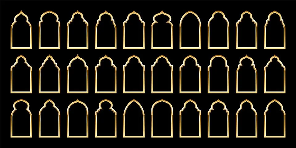 Islamic frames, oriental style. Golden arabic shapes, windows and arches Stock Illustration