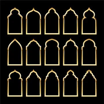 Islamic frames, oriental style. Golden arabic shapes, windows and arches Illustrazione stock