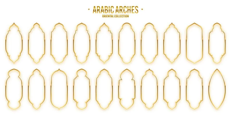 Islamic frames, oriental style. Golden arabic shapes, windows and arches Stock Illustration