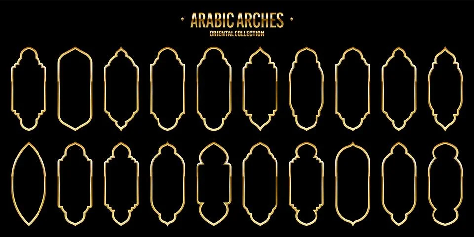 Islamic frames, oriental style. Golden arabic shapes, windows and arches Stock Illustration