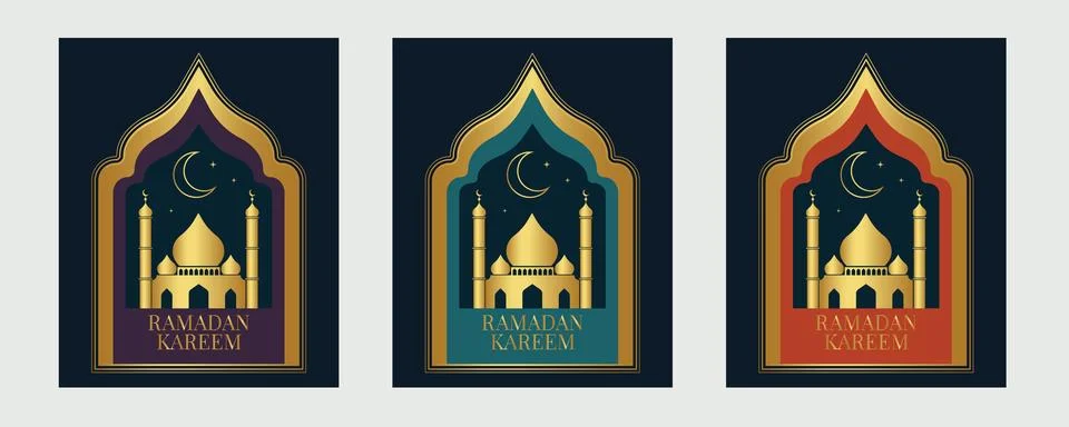 Islamic geometric arabic frame set with mosque moon and stars Ramadan Karee.. Ilustração Stock