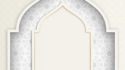 Islamic geometric pattern background loop with white mosque arch frame and g Stock Footage 328090669
