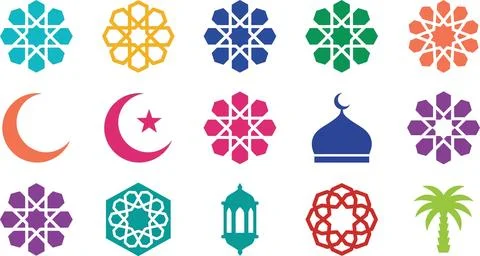 Islamic geometric patterns and cultural symbols in vibrant colors. Stock Illustration