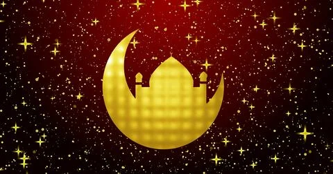 Islamic gold moon background. Islamic moon on an red color background for R.. Stock Illustration