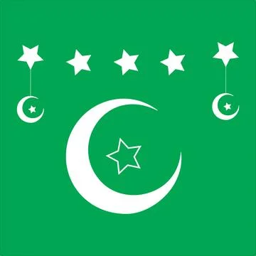 Islamic green flag design with large crescent moon and stars patterns for r.. Stock Illustration
