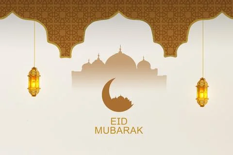Islamic greeting card for Eid Mubarak featuring a mosque silhouette, golden.. Stock Illustration