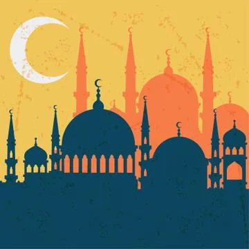 Islamic greeting card with mosque in flat design style 스톡 일러스트