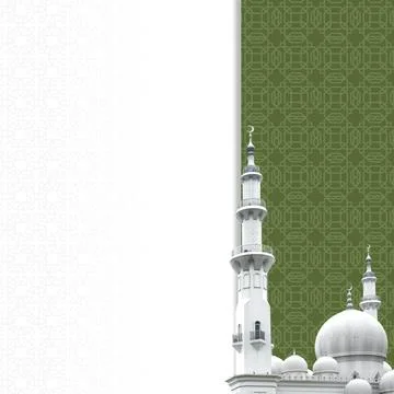 Islamic greeting card template featuring white mosque domes and minarets ag.. 스톡 사진