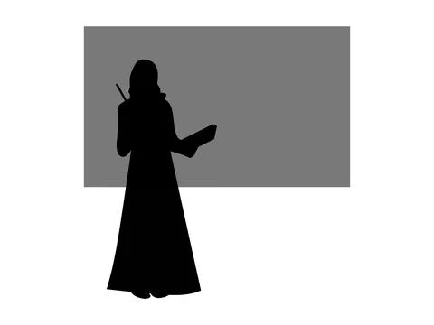 Islamic Hijabi teacher teaching the class on board or slides, black silhouette Stock Illustration