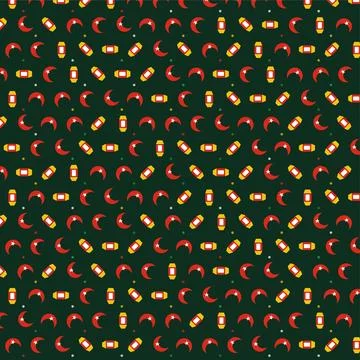 Islamic Holiday Seamless Pattern with Crescent Moon and Lantern Icons on Da.. Stock Illustration
