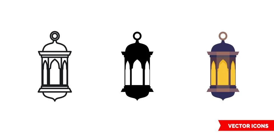 Islamic lantern icon of 3 types color, black and white, outline. Isolated vec Stock Illustration