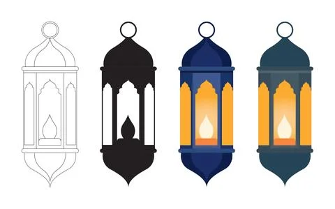 Islamic Lantern Vector Set with Ramadan Fanous in Line Art, Silhouette and .. イラスト素材
