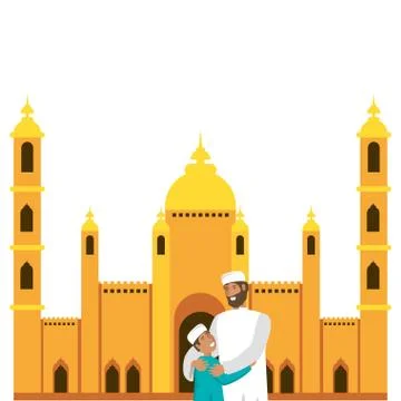 Islamic man with son in mosque building Ilustración de archivo