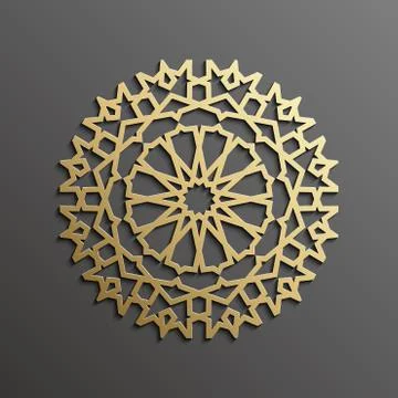 Islamic mandala 3d gold background on dark round ornament. Architecture muslim Illustrazione stock