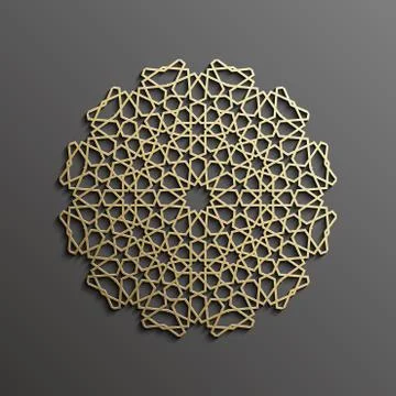 Islamic mandala 3d gold background on dark round ornament. Architecture muslim Stock Illustration