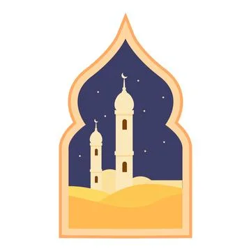 Islamic mosque building standing in desert at night illustration Ilustración de archivo
