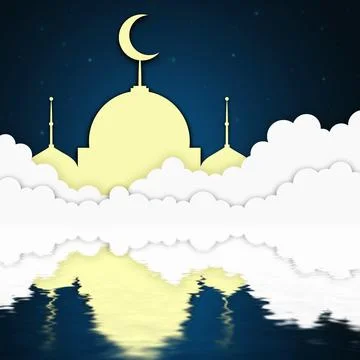 Islamic Mosque in the clouds of the night sky, Mubarak, Ramadan Kareem. Holid Stock Illustration